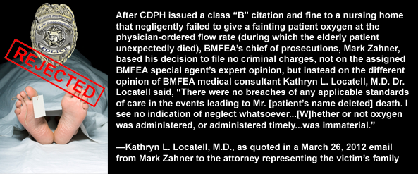 California DOJ Bureau of Medi-Cal Fraud and Elder Abuse (BMFEA) chief of prosecutions, Mark Zahner, files no criminal charges after Dr. Kathryn Locatell protects nursing home